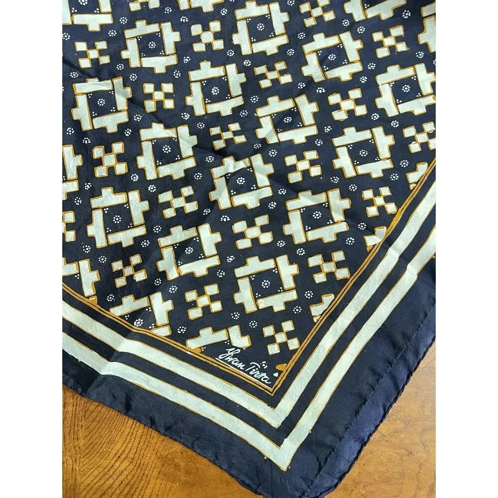 Oversized Silk Scarf Signed Iwan Tirta Batik Navy Gold 32x 31